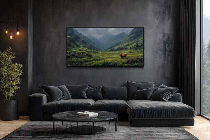 Highland Cow In The Green Scottish Field Framed Canvas Wall Art