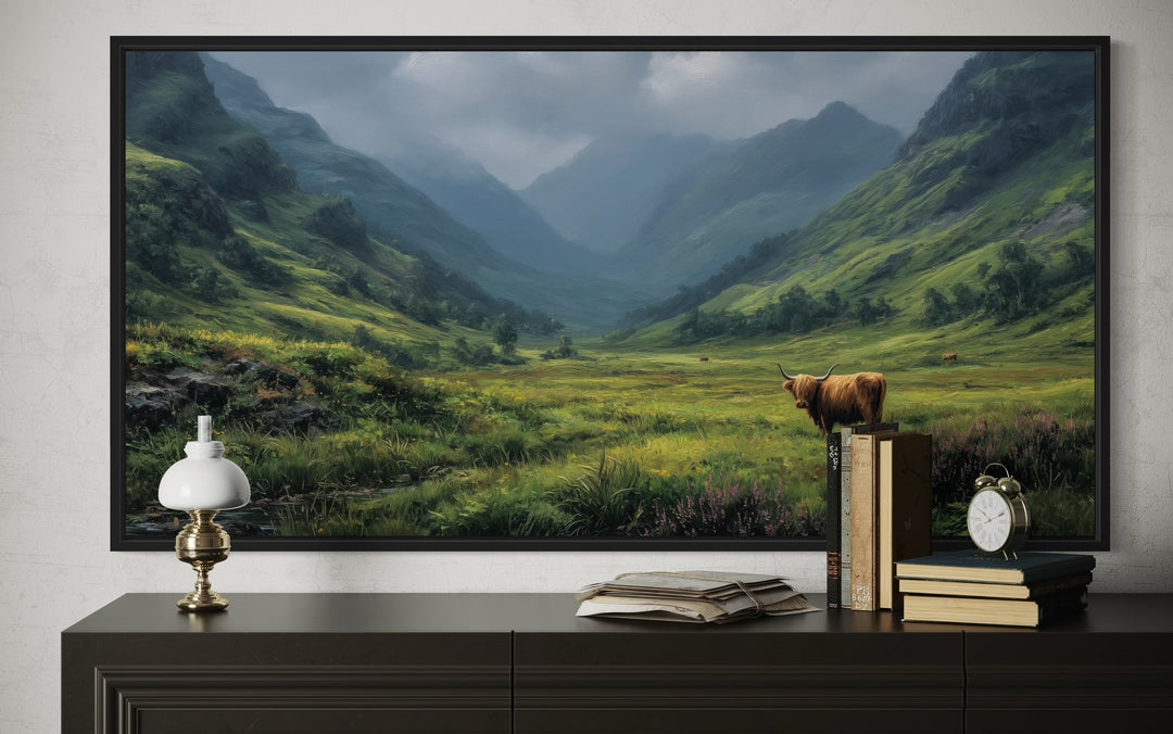 Highland Cow In The Green Scottish Field Framed Canvas Wall Art