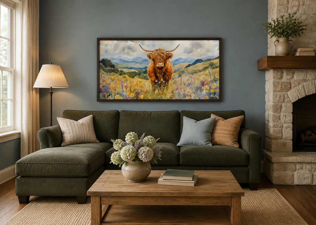 Highland Cow in Wildflower Field framed canvas wall art hanging above a green sectional sofa.