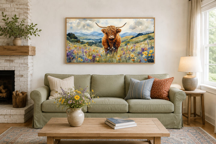 Highland Cow in Wildflower Field framed canvas wall art hanging above a green sofa in a living room.