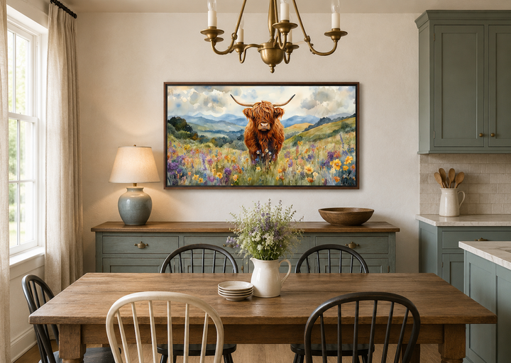 Highland Cow in Wildflower Field framed canvas wall art hanging above a sideboard in a dining room.