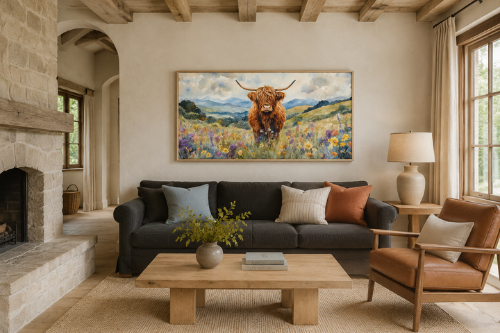 Highland Cow in Wildflower Field framed canvas wall art hanging above a dark sofa in a rustic room.