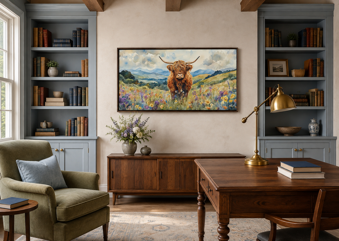 Highland Cow in Wildflower Field framed canvas wall art hanging in a rustic home office.