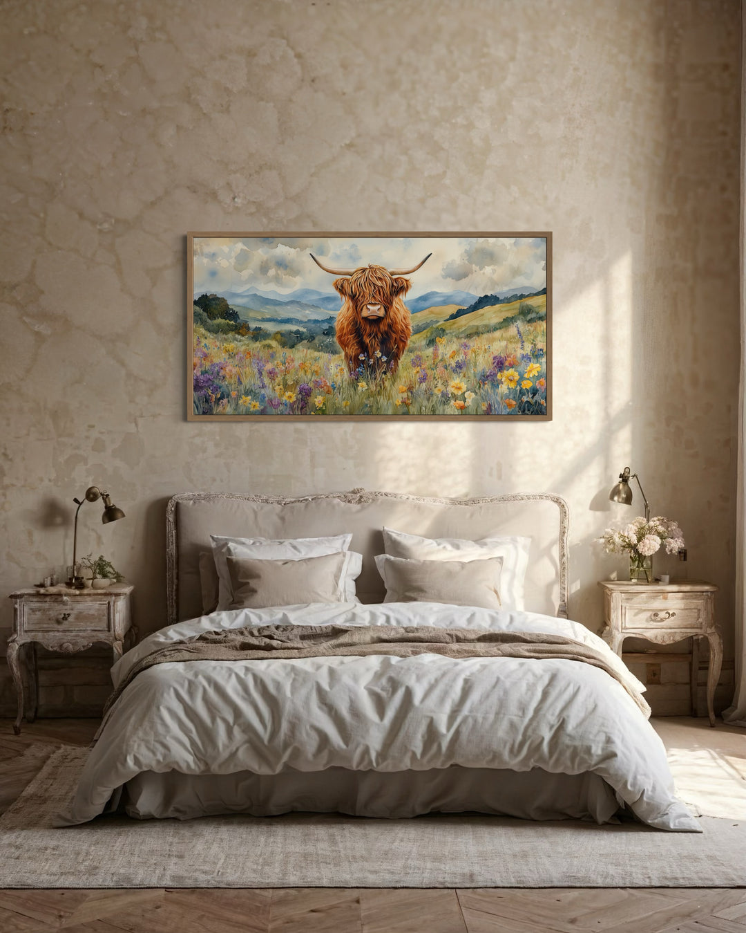 Highland Cow in Wildflower Field framed canvas wall art hanging above a bed in a rustic bedroom.