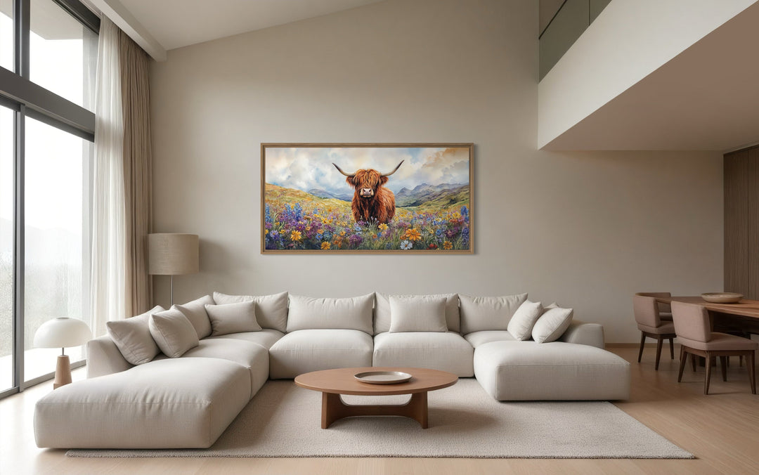 Highland Cow In Wildflower Field Framed Canvas Wall Art