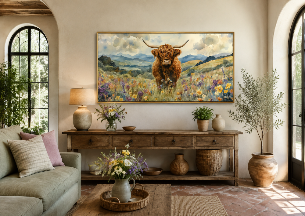 Framed canvas wall art of a Highland cow in a colorful wildflower field above a wooden console table