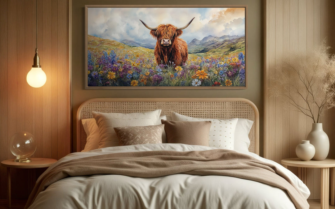 Highland Cow In Wildflower Field Framed Canvas Wall Art