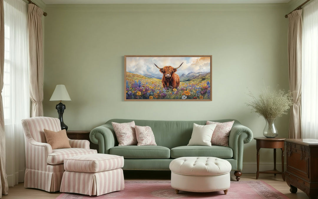 Highland Cow In Wildflower Field Framed Canvas Wall Art