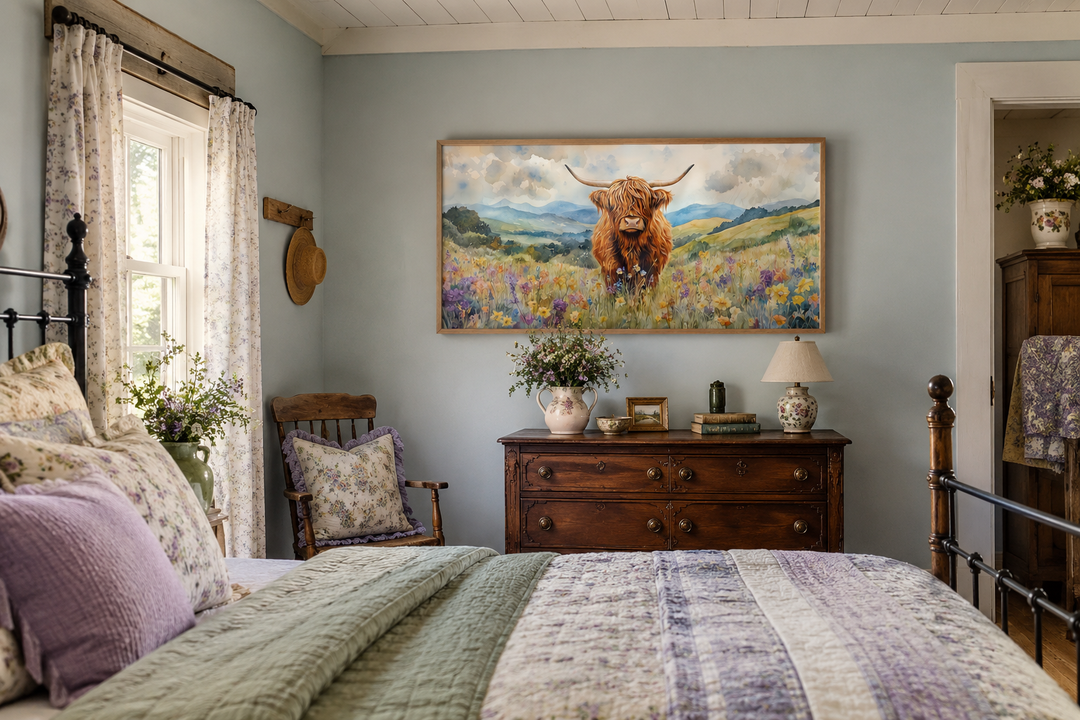 Highland Cow in Wildflower Field framed canvas wall art hanging above a wooden dresser in a bedroom.