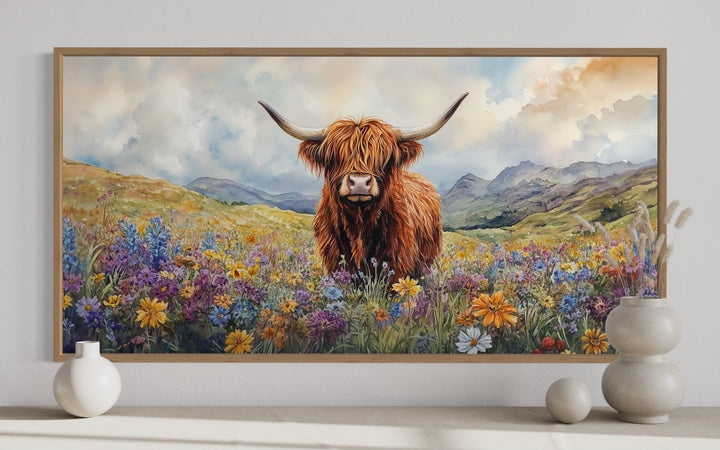 Highland Cow In Wildflower Field Framed Canvas Wall Art