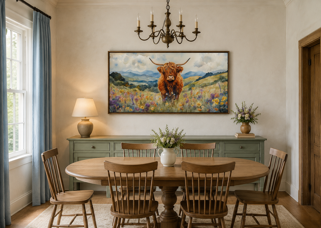 Highland Cow in Wildflower Field framed canvas wall art hanging above a dining room sideboard.
