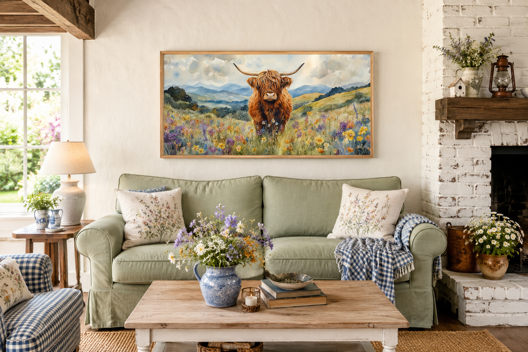 Highland Cow in Wildflower Field framed canvas wall art hanging above a green sofa in a living room.