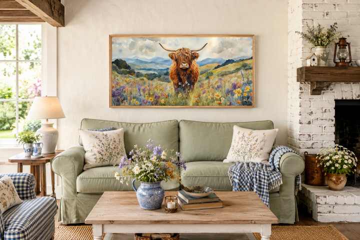 Highland Cow in Wildflower Field framed canvas wall art hanging above a green sofa in a living room.
