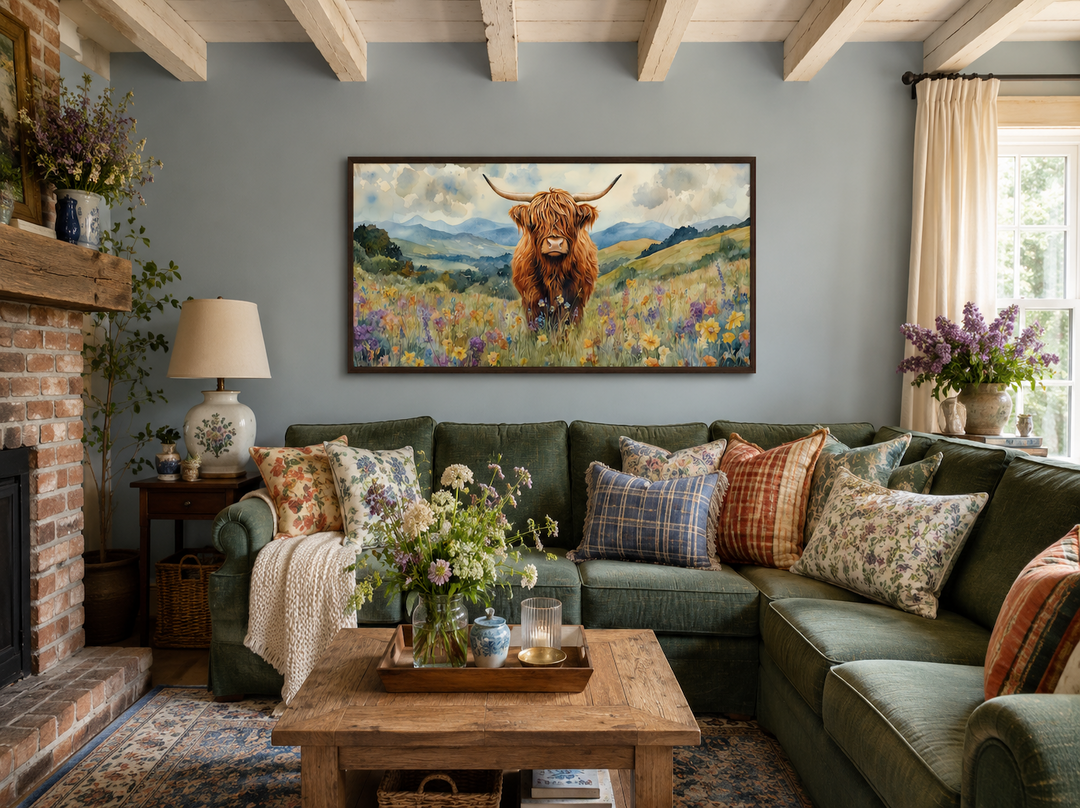 Highland Cow in Wildflower Field framed canvas wall art hanging above a green sectional sofa.