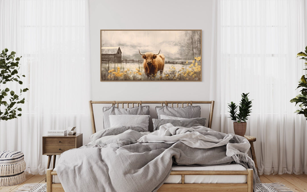 Farmhouse Wall Decor - Highland Cow Near The Farm Barn Rustic Framed Canvas Wall Art