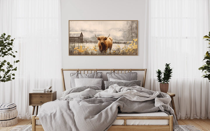 Farmhouse Wall Decor - Highland Cow Near The Farm Barn Rustic Framed Canvas Wall Art