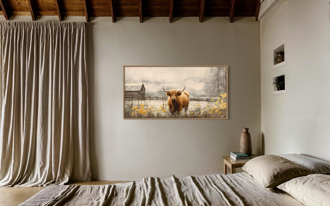 Highland Cow Near The Farm Barn Rustic Framed Canvas Wall Art