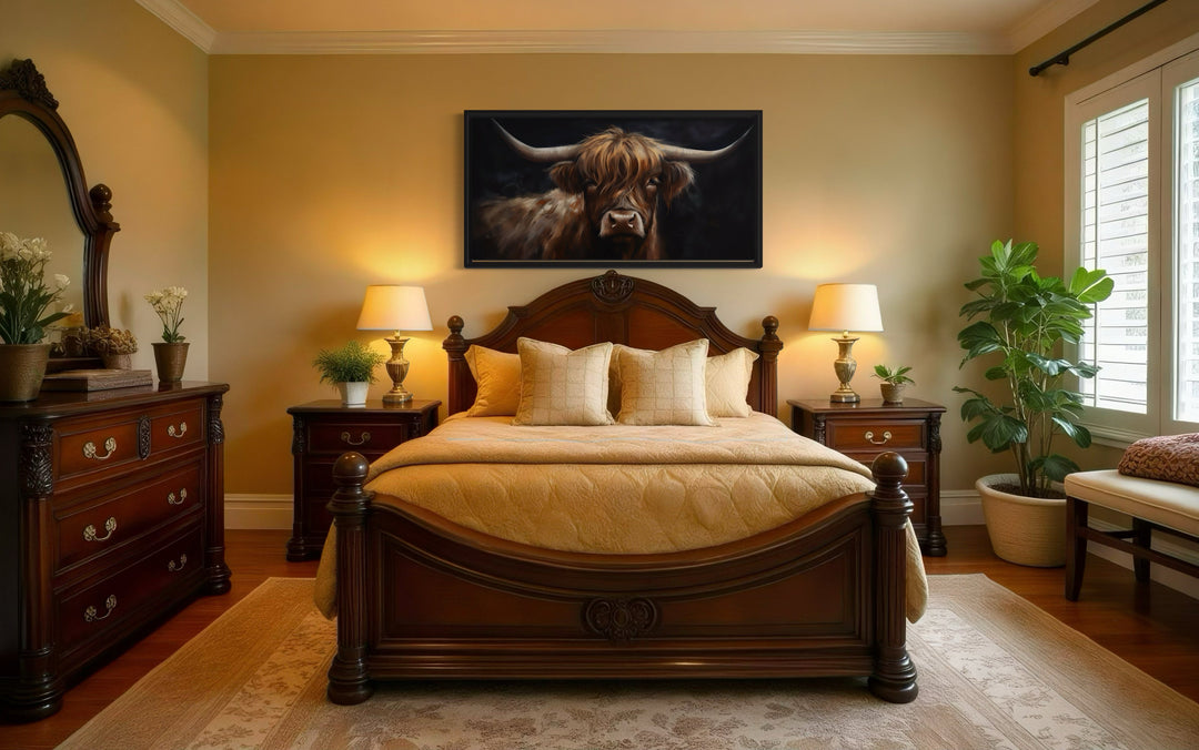 Highland Cow On Black Background Framed Canvas Wall Art