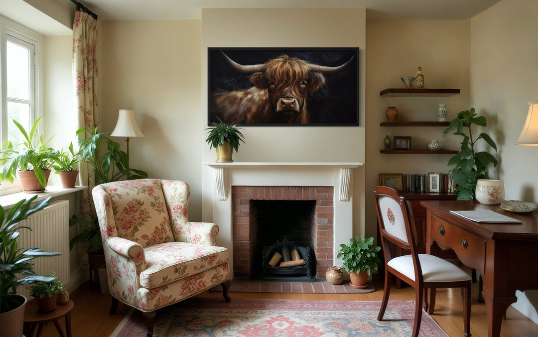 Highland Cow On Black Background Framed Canvas Wall Art