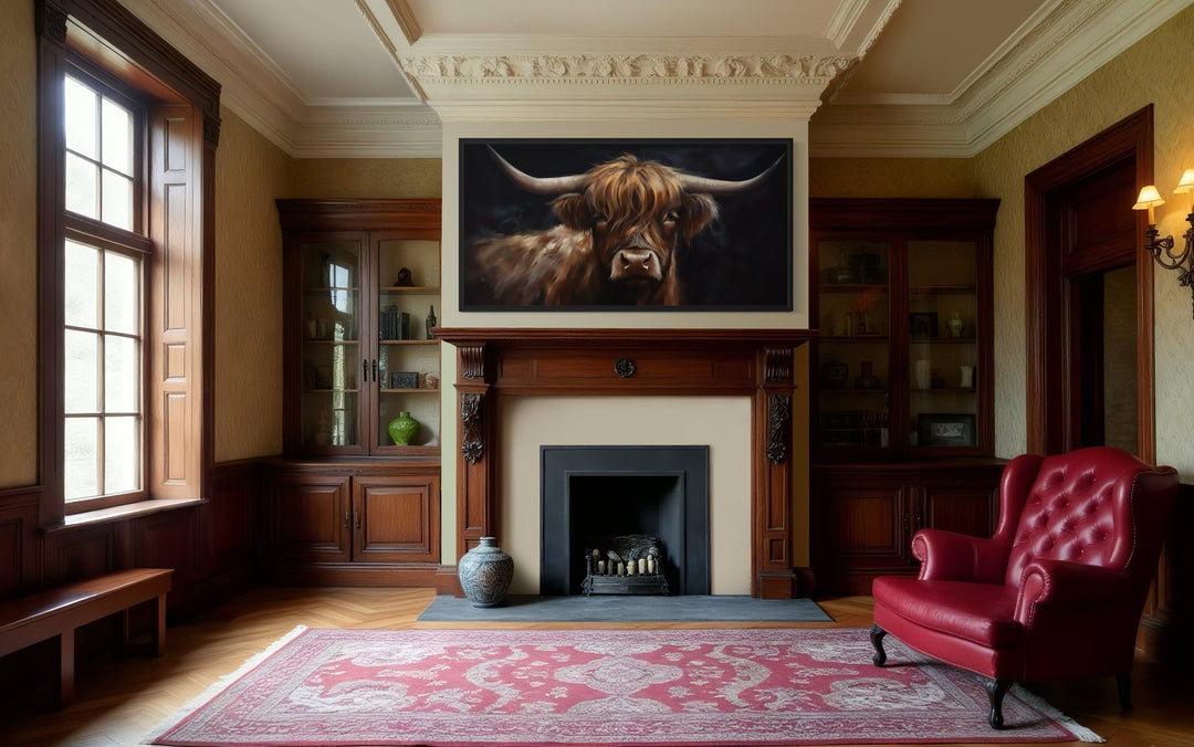 Highland Cow On Black Background Framed Canvas Wall Art