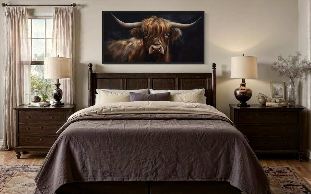 Highland Cow On Black Background Framed Canvas Wall Art