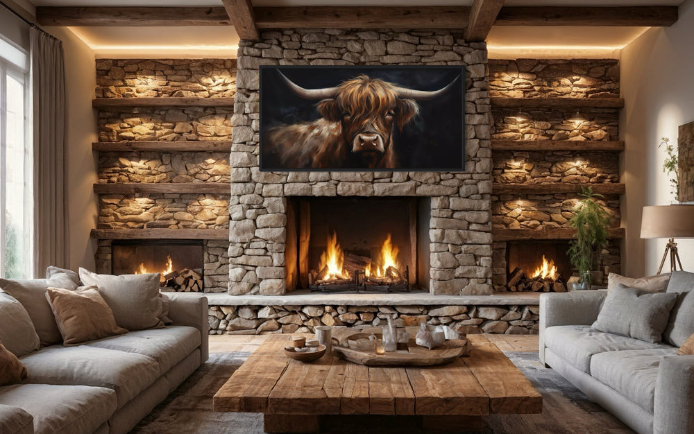 Highland cow on black background framed canvas wall art above a stone fireplace in a rustic room.