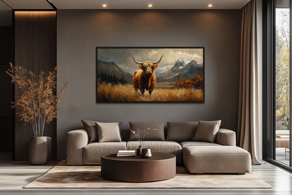 Highland Cow On Brown Landscape Framed Canvas Wall Art