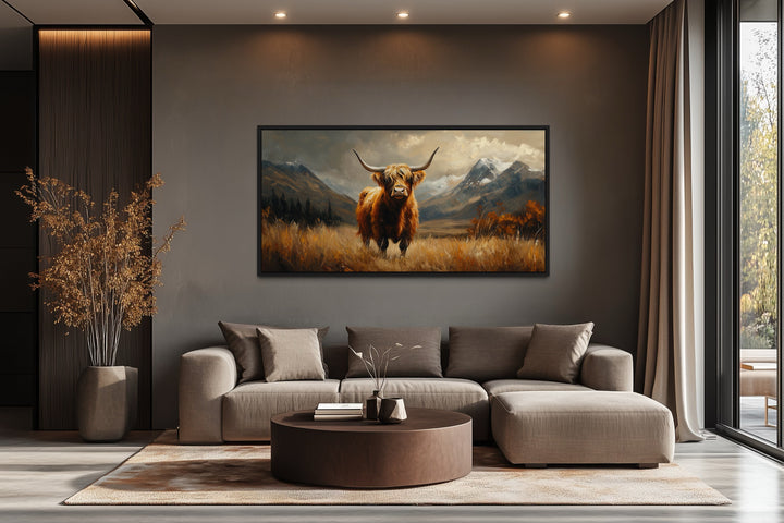 Highland Cow On Brown Landscape Framed Canvas Wall Art