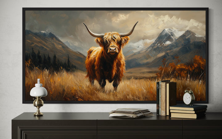 Highland Cow On Brown Landscape Framed Canvas Wall Art