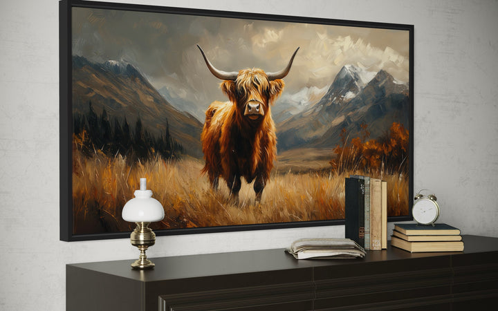 Highland Cow On Brown Landscape Framed Canvas Wall Art
