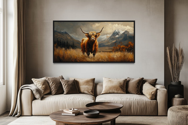 Highland Cow On Brown Landscape Framed Canvas Wall Art