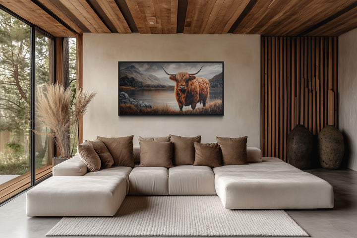 Highland Cow On Brown Landscape Framed Canvas Wall Art