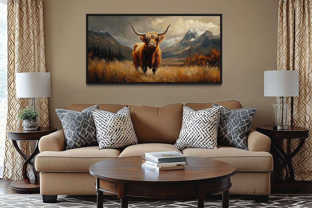 Highland Cow On Brown Landscape Framed Canvas Wall Art