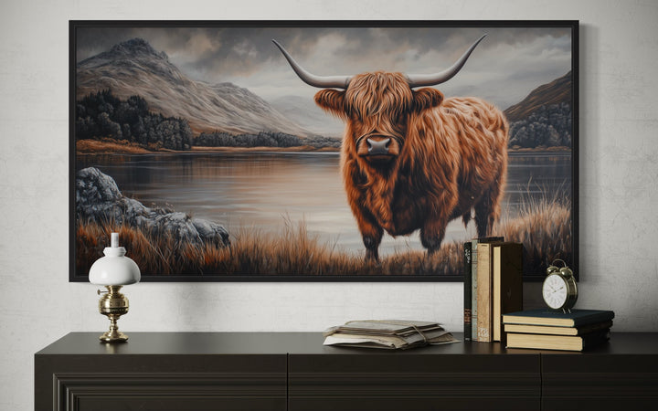 Highland Cow On Brown Landscape Framed Canvas Wall Art