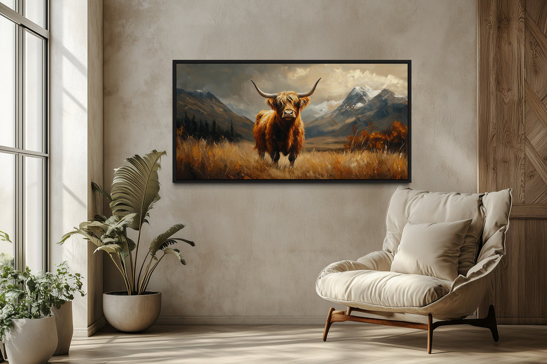 Highland Cow On Brown Landscape Framed Canvas Wall Art
