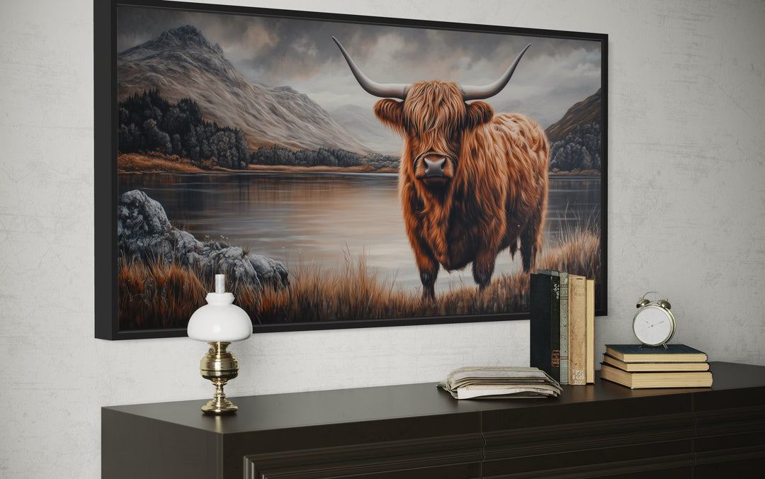 Highland Cow On Brown Landscape Framed Canvas Wall Art