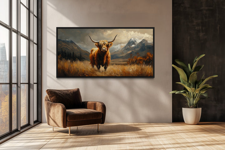 Highland Cow On Brown Landscape Framed Canvas Wall Art