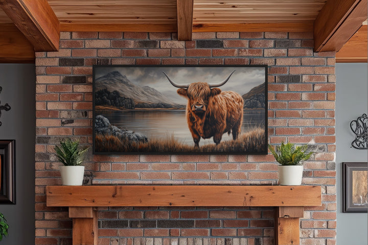 Highland Cow On Brown Landscape Framed Canvas Wall Art