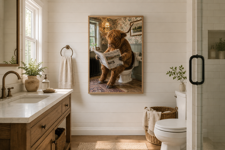 Framed wall art of a Highland cow reading a newspaper on a toilet in a rustic bathroom.