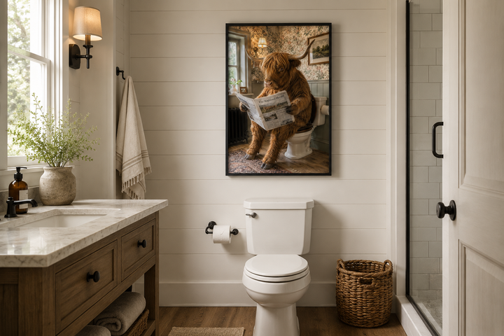 Framed wall art of a Highland cow reading a newspaper on a toilet in a rustic bathroom.