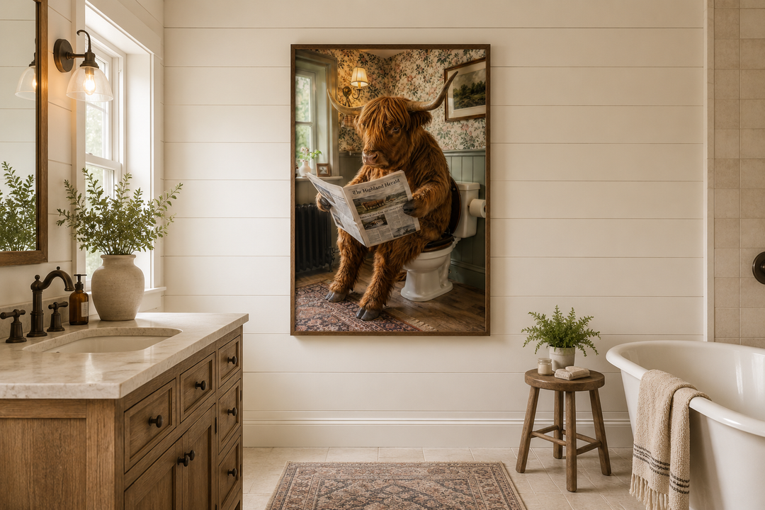 Framed wall art of a highland cow reading a newspaper on a toilet in a rustic bathroom setting.