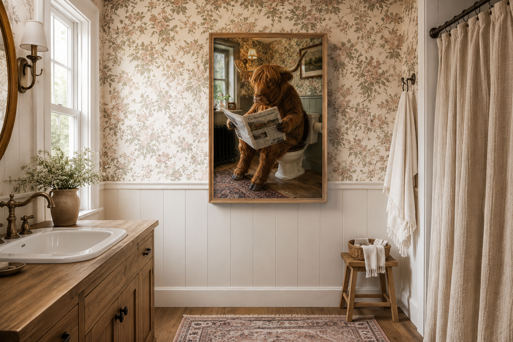 Framed wall art of a Highland cow reading a newspaper on a toilet in a rustic bathroom setting.