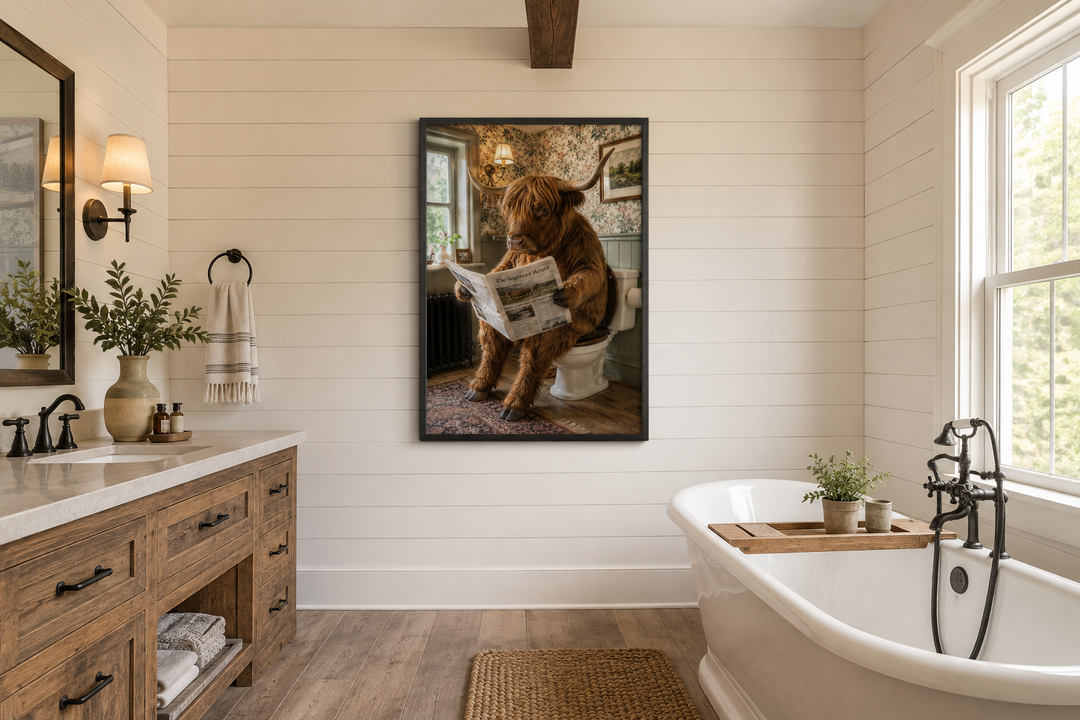 Highland cow sitting on a toilet reading a newspaper, framed wall art in a rustic bathroom.