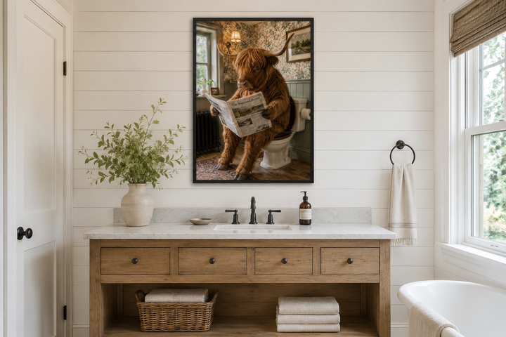 Framed wall art of a Highland cow reading a newspaper on a toilet in a rustic bathroom setting.