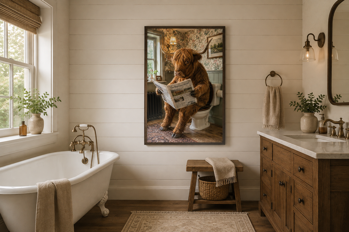 Highland cow reading a newspaper on a toilet wall art in a rustic farmhouse bathroom setting.
