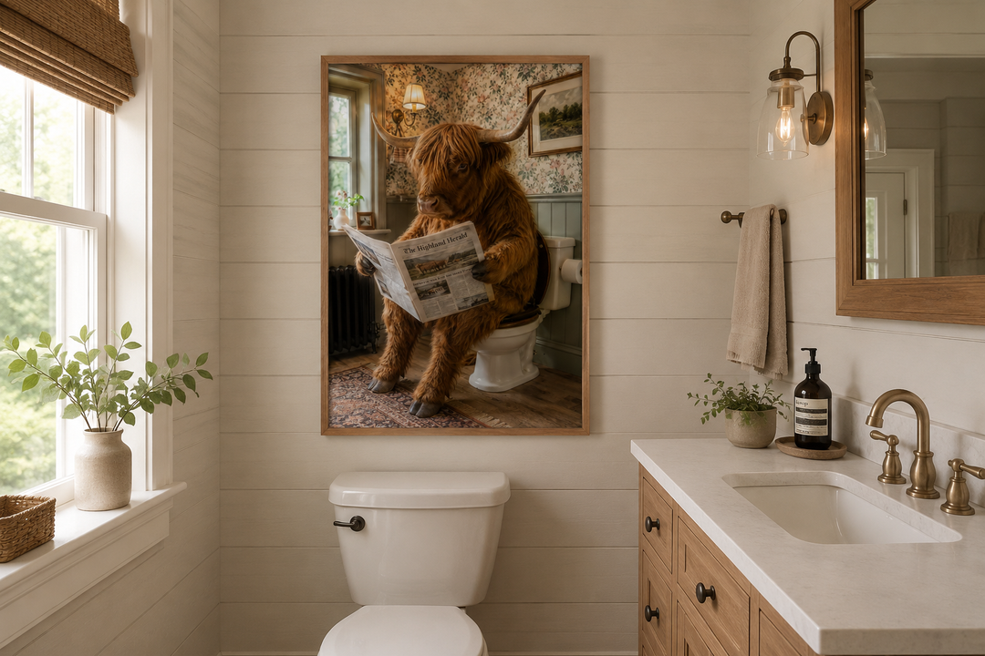 Framed wall art of a Highland cow reading a newspaper on a toilet in a rustic bathroom setting.