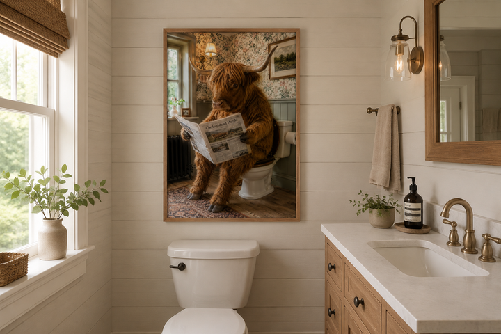 Framed wall art of a Highland cow reading a newspaper on a toilet in a rustic bathroom setting.
