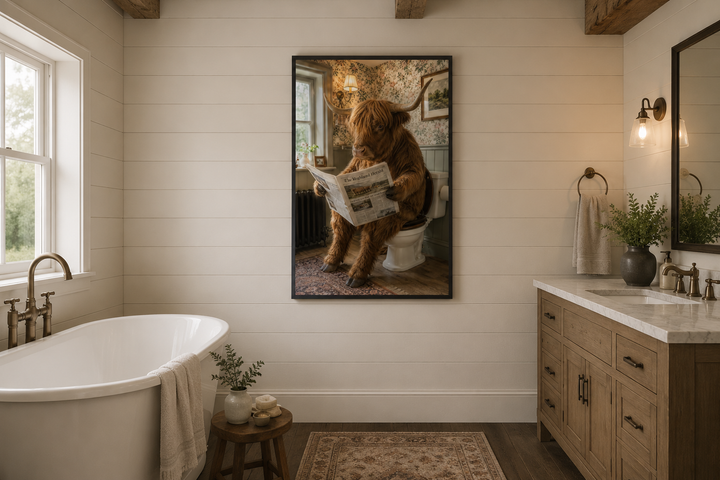 Highland cow sitting on a toilet reading a newspaper in a framed vertical canvas print.