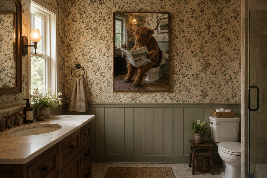 Framed wall art of a Highland cow reading a newspaper on a toilet in a rustic bathroom.