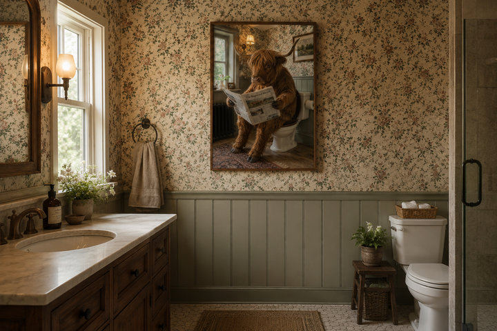 Framed wall art of a Highland cow reading a newspaper on a toilet in a rustic bathroom.